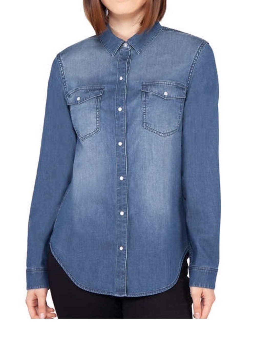Tahari Denim Snap Button Down Long Sleeve Shirt Size XL Flaws Cotton Fall Spring